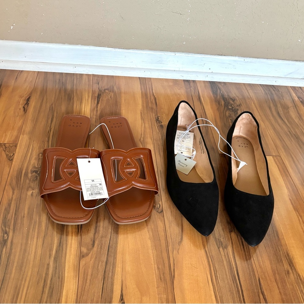 A New Day Camel Cognac Sandals Black Suede Pointed Flats size 11
